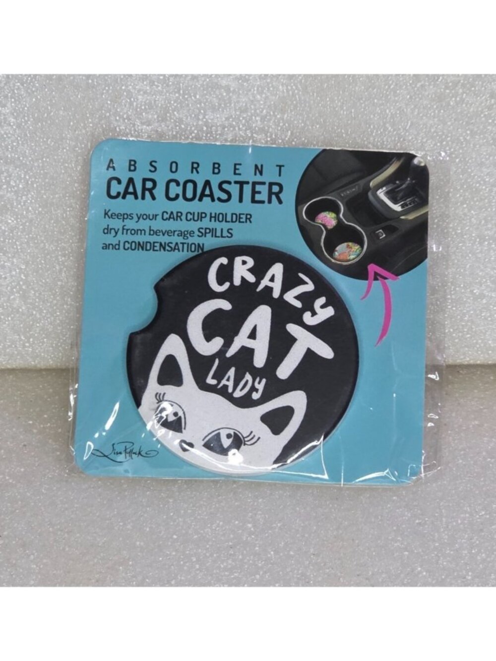 Lisa Pollock Crazy Cat Lady Absorbent Car Coaster Ceramic Round 6.5cm Black